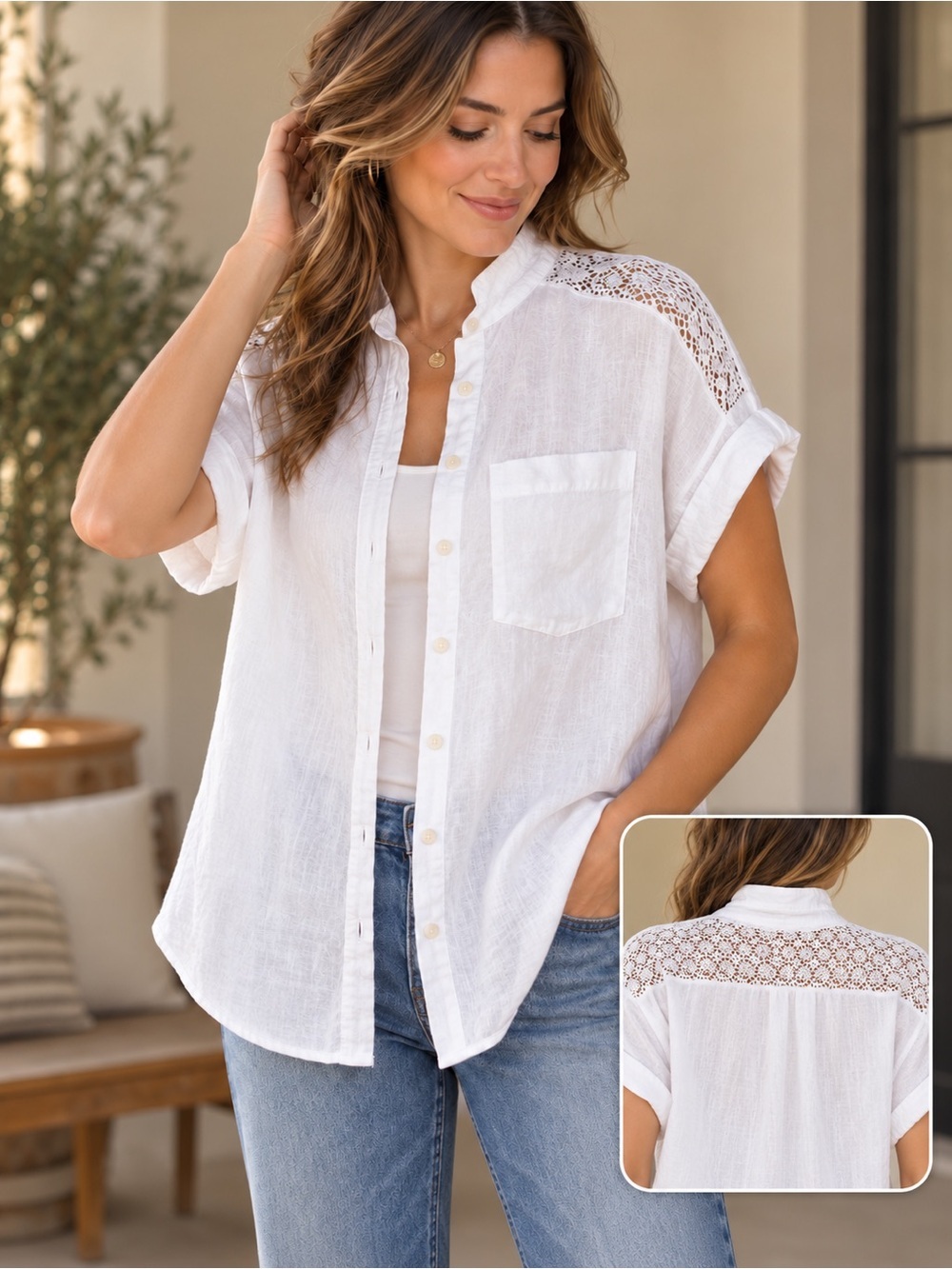 Lauren by Ralph Lauren White Linen Lace Detail Button- Shirt size p